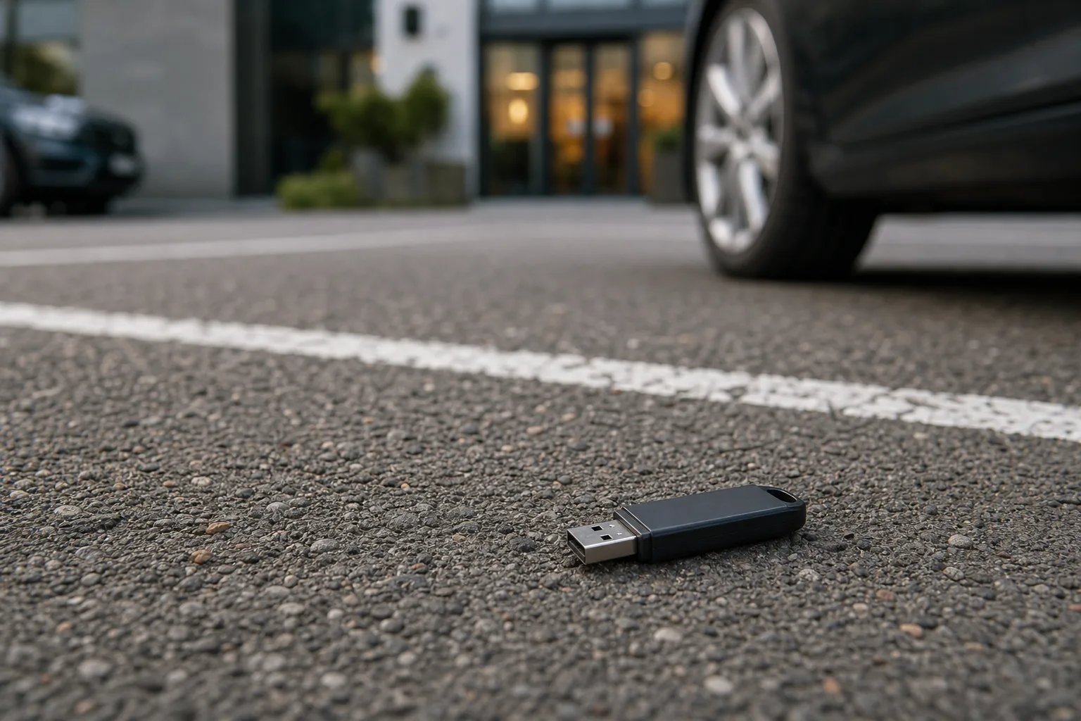 Usb-stick met handgeschreven label ligt op straatklinkers bij een parkeerplaats