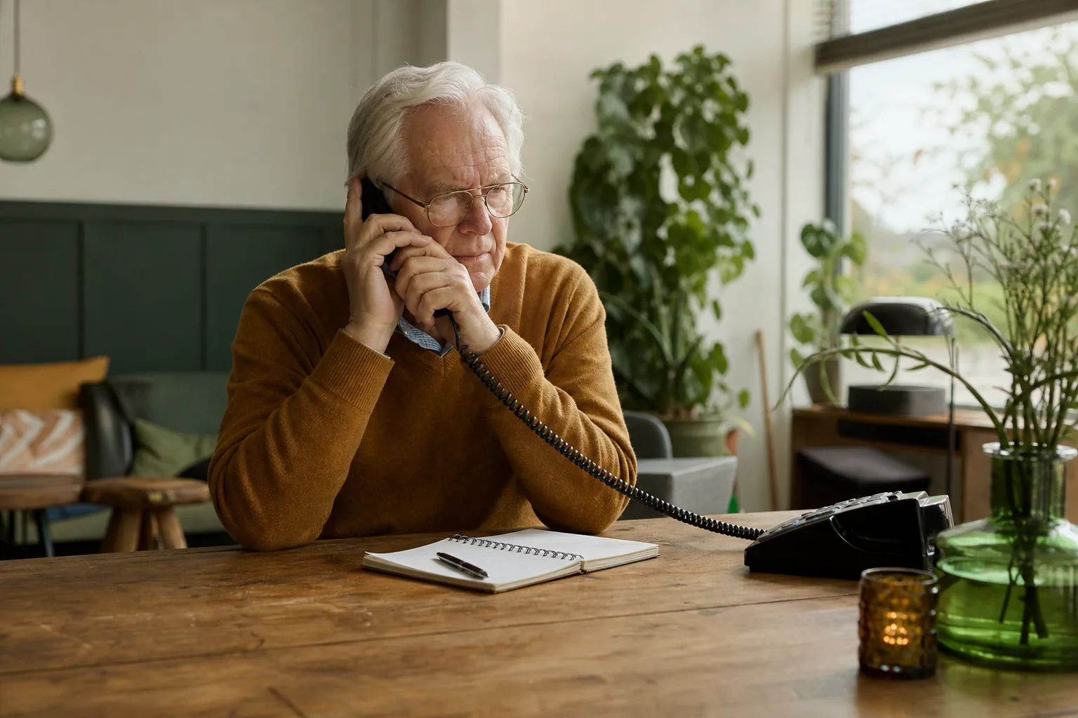 Hand legt een telefoon weg en pakt een betaalpas om het banknummer op de achterkant te bellen