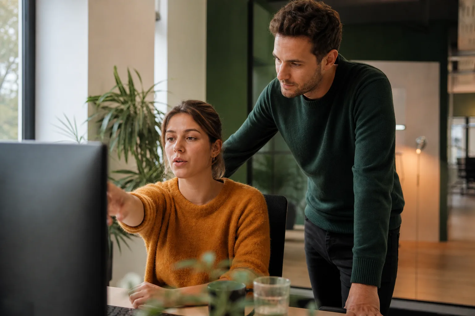 Twee collega's bekijken samen een laptopscherm nadat een van hen een verdachte link heeft aangeklikt