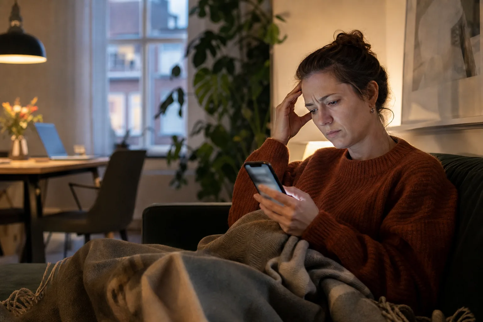 Telefoonscherm met een chatgesprek van een onbekend nummer dat zich voordoet als familielid