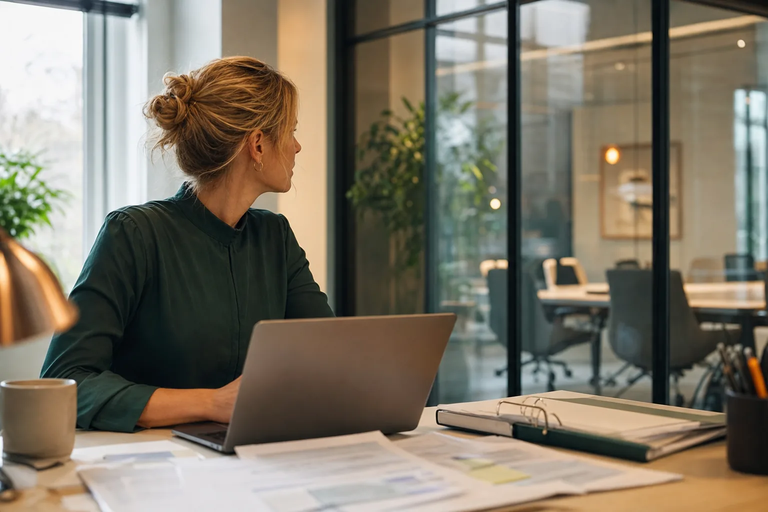 Financieel medewerker overlegt telefonisch met een collega terwijl op het beeldscherm een dringende e-mail van de directie openstaat