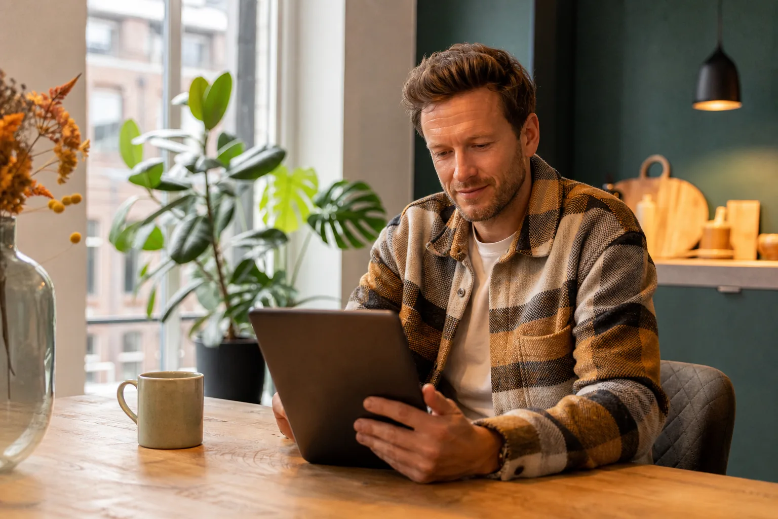 Medewerker doet geconcentreerd een online quiz op een laptop aan een bureau in een lichte kantoorruimte