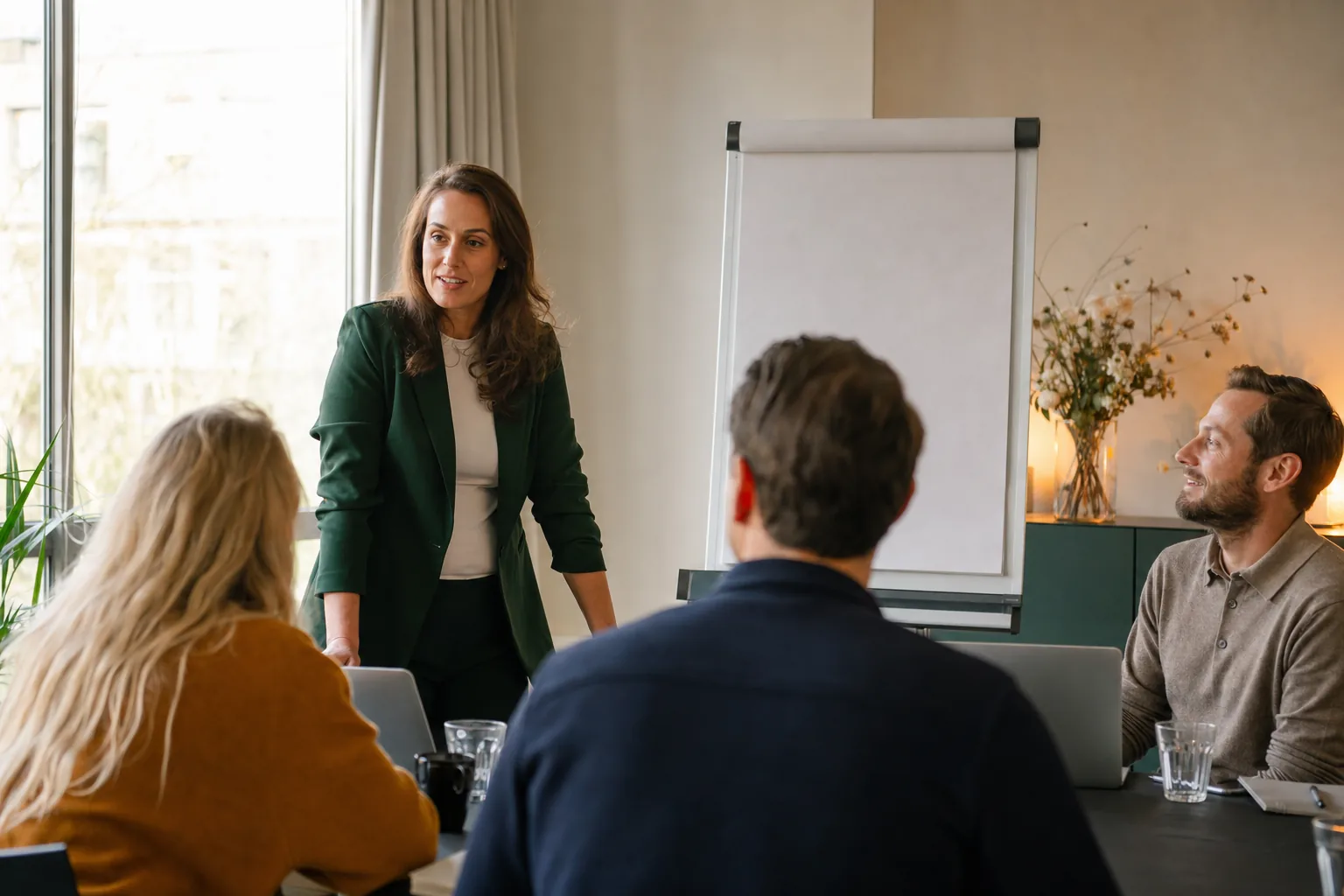 Security-awareness-specialist geeft een workshop aan een klein groepje medewerkers in een kantoorruimte met een scherm op de achtergrond
