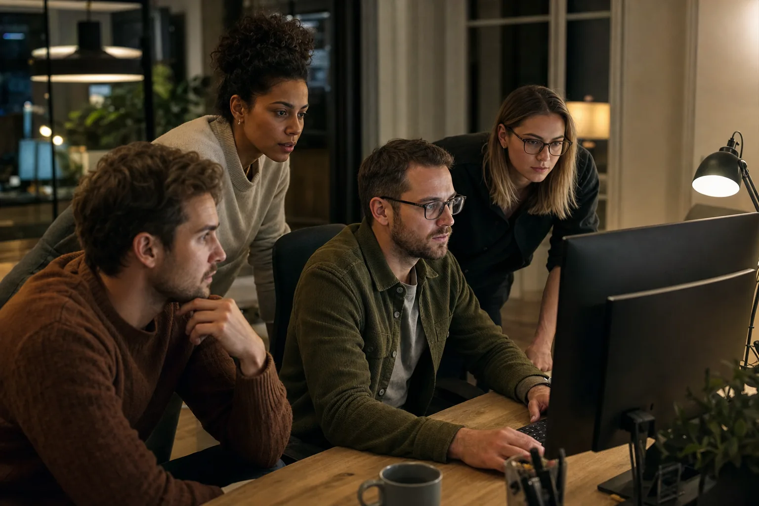 Donker kantoor waar een medewerker naar een computerscherm met een waarschuwingsmelding over versleutelde bestanden kijkt