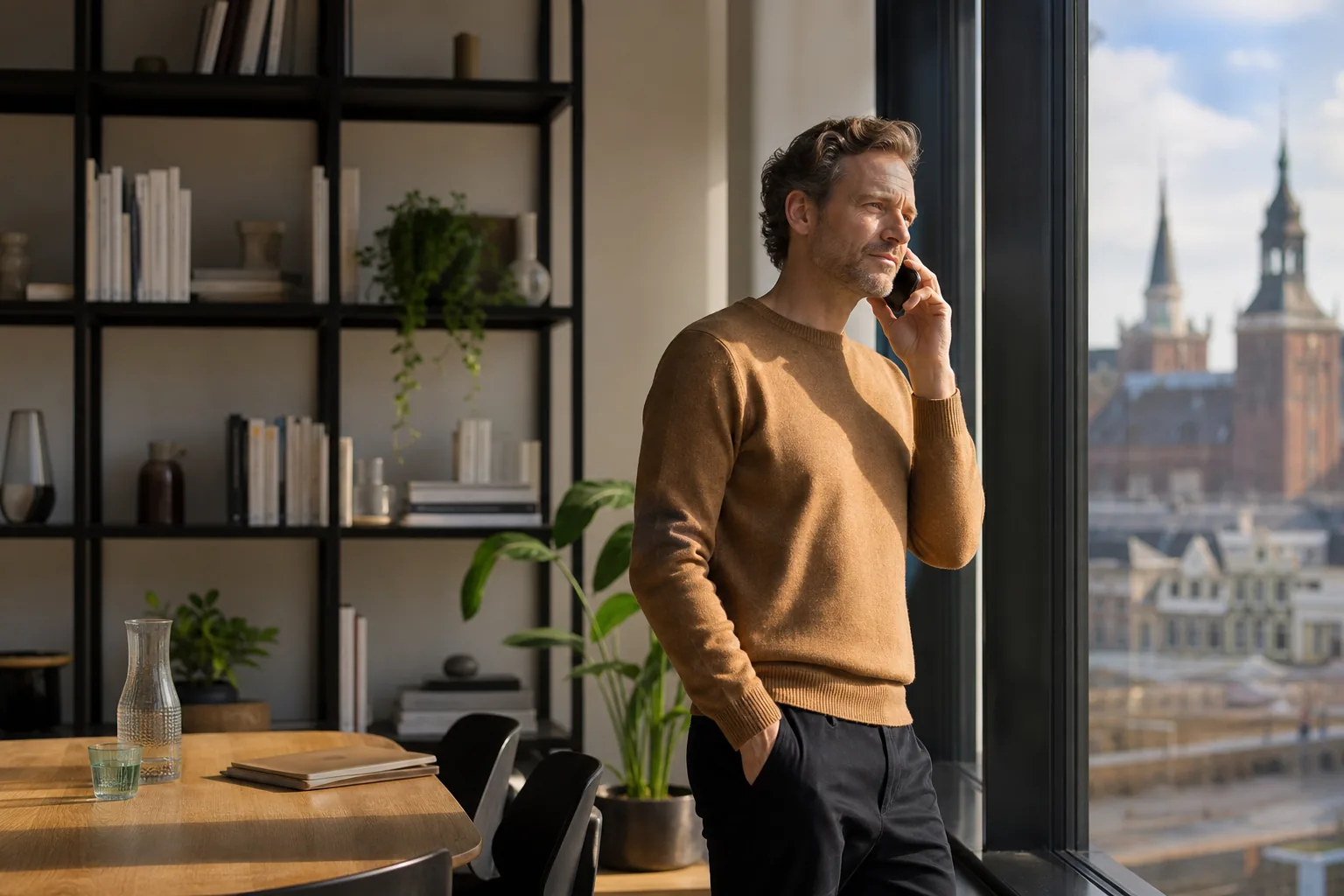 Man in overhemd aan een bureau die met de telefoon tegen zijn oor aandachtig naar zijn beeldscherm kijkt, collega's onscherp op de achtergrond