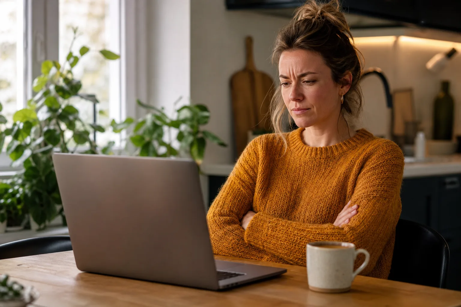 Bureau met laptop en smartphone naast elkaar, op beide schermen een binnengekomen bericht, een hand zweeft twijfelend boven het toetsenbord