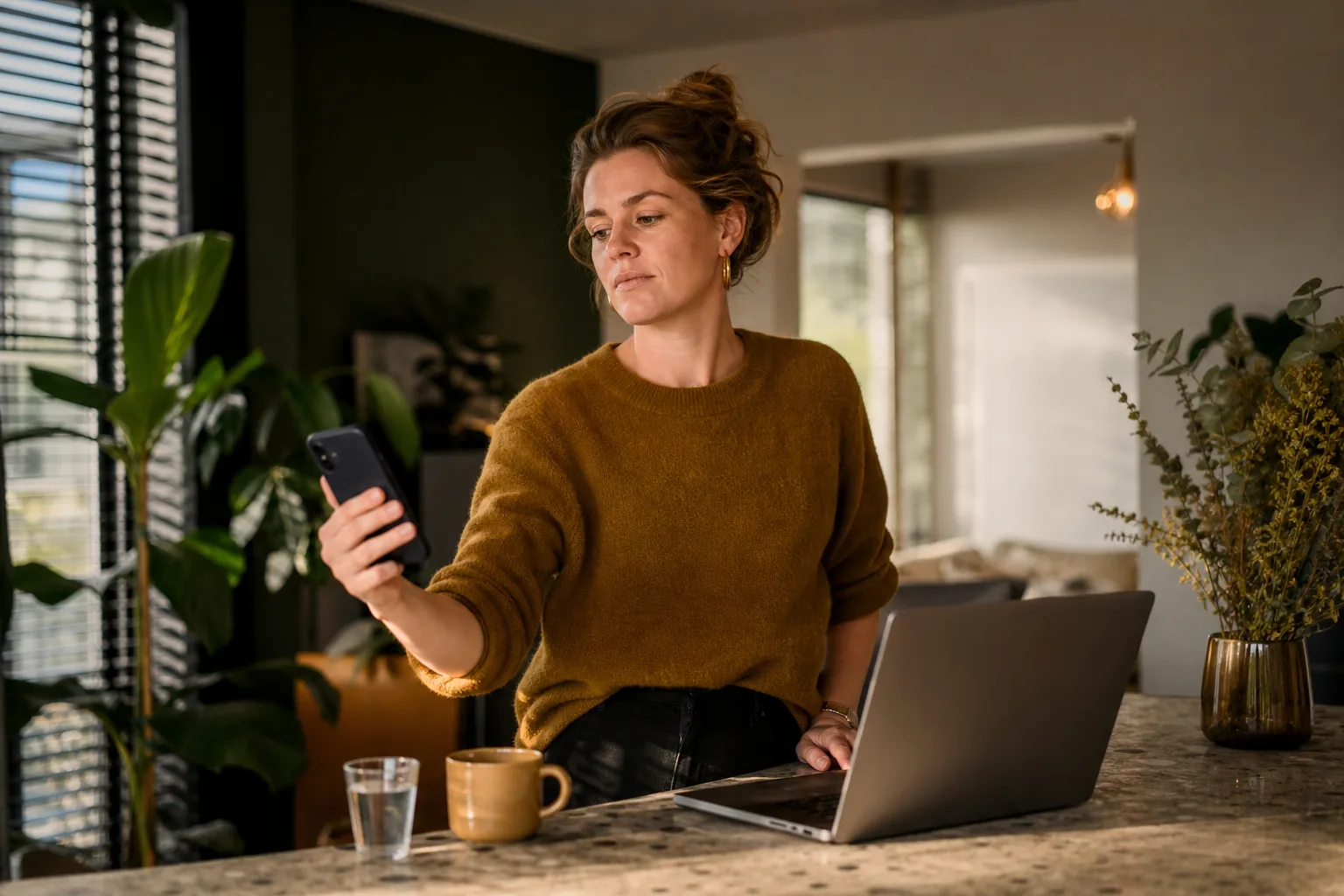 Kantoormedewerker kijkt twijfelend naar zijn rinkelende smartphone waarop een bekend banknummer verschijnt, laptop met geopende mailbox op de voorgrond
