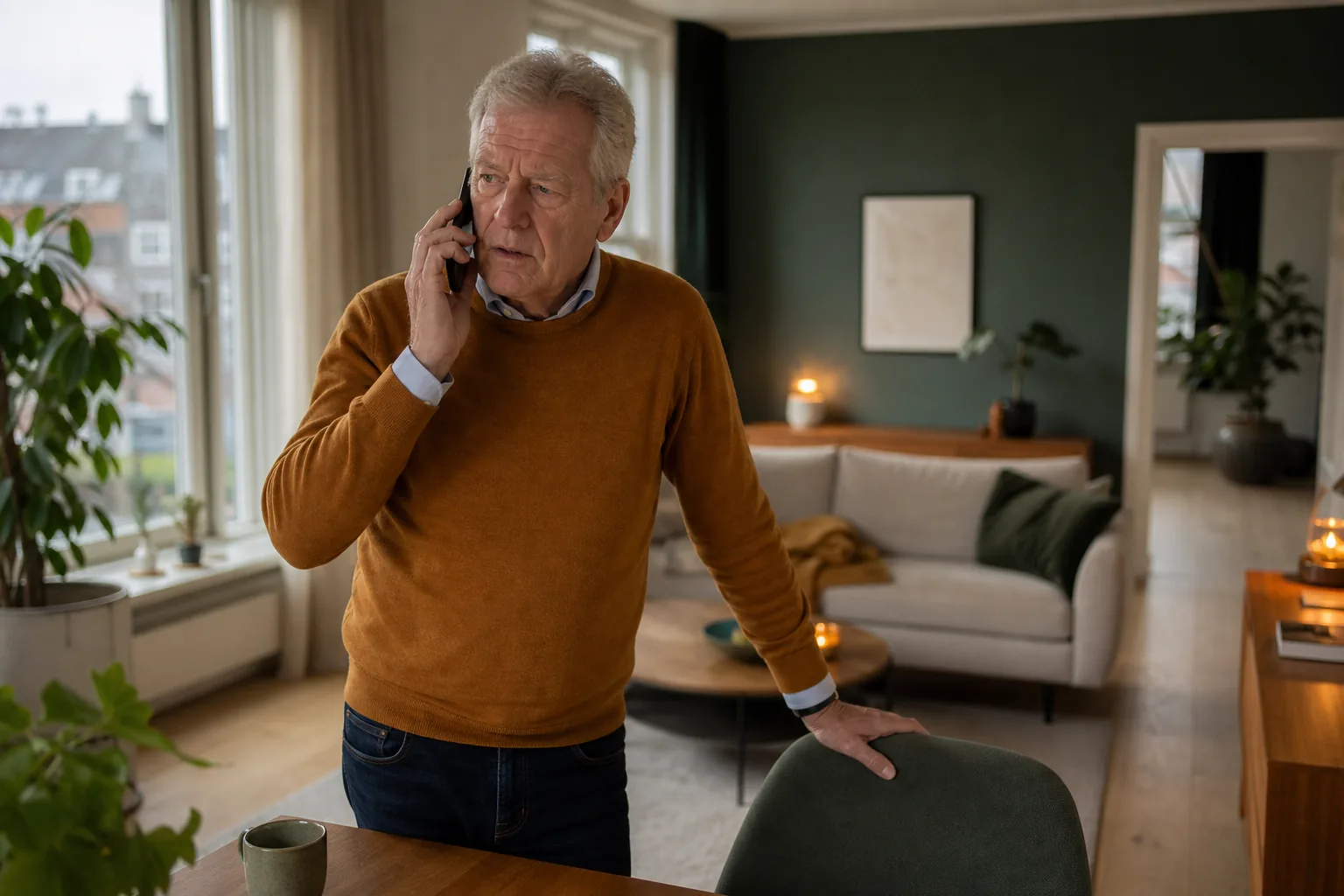 Kantoormedewerker met telefoon aan het oor kijkt gespannen naar een computerscherm met internetbankieren