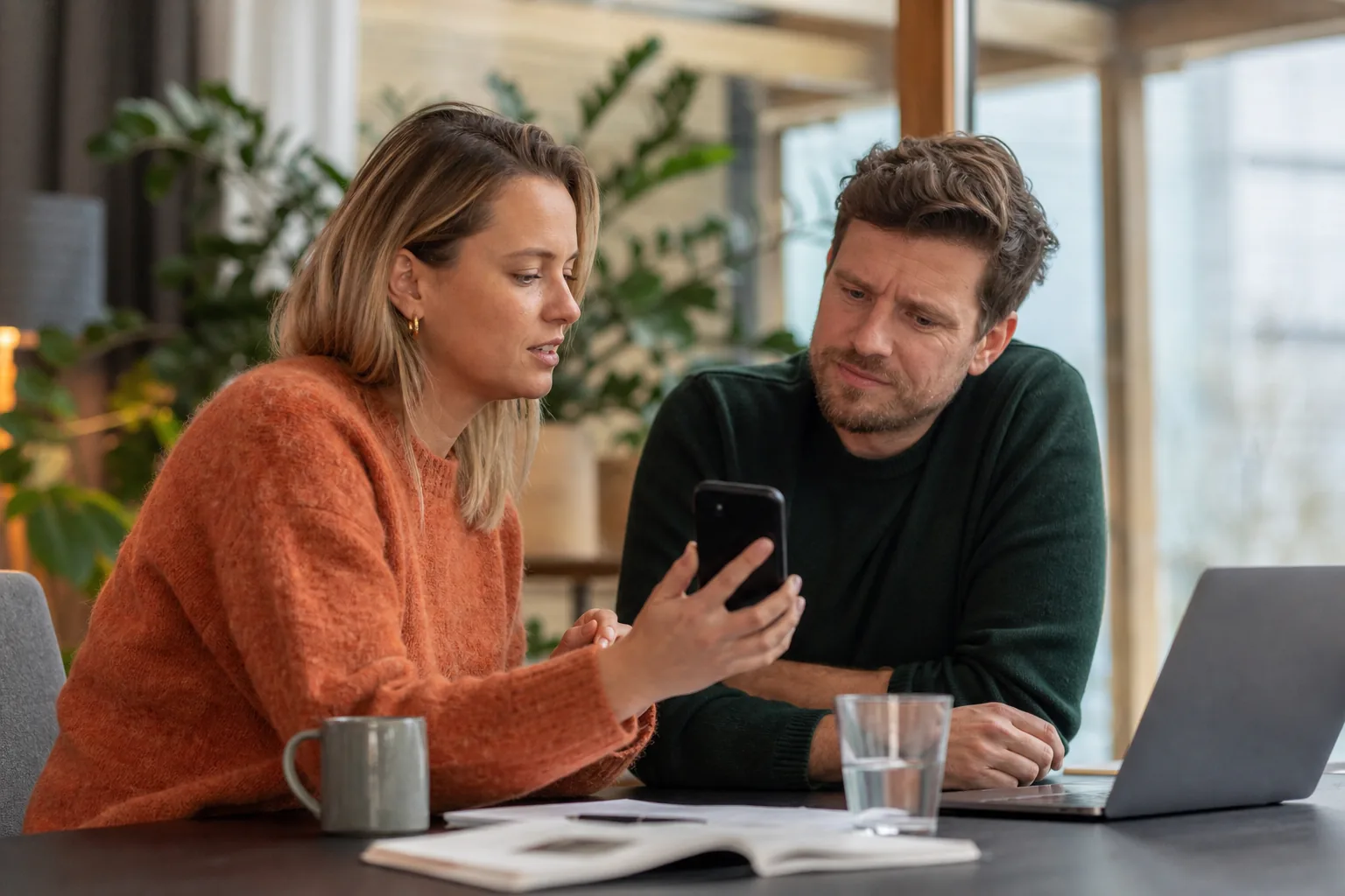 Close-up van een hand die een smartphone vasthoudt naast een laptop op een bureau, met op het scherm een binnenkomend telefoontje van een onbekend nummer