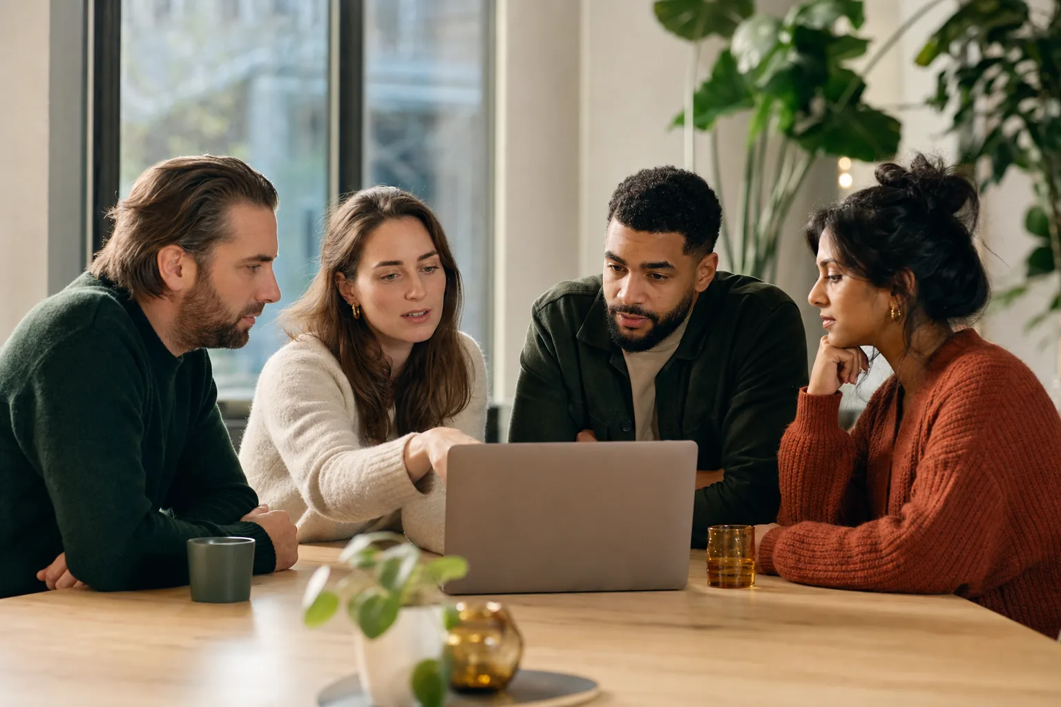 Securityteam bespreekt rond een laptop de uitkomsten van een phishingsimulatie, rustig kantoor met warm daglicht