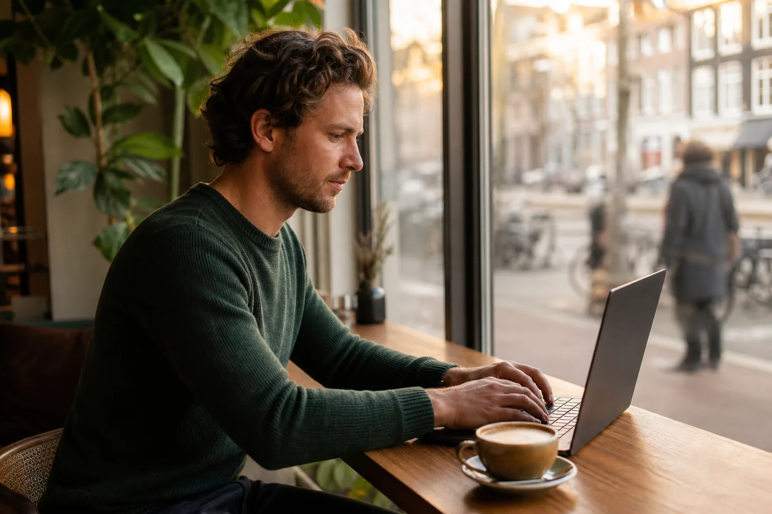 Laptop op een cafétafel met op het scherm een wifi-keuzemenu met meerdere vergelijkbare netwerknamen