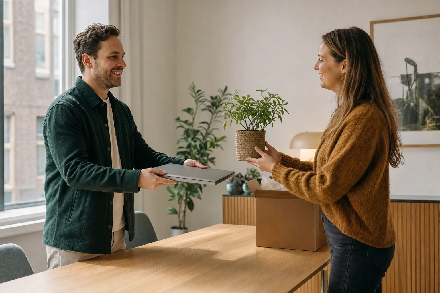 Ervaren collega en nieuwe medewerker bekijken samen een laptop tijdens het inwerken