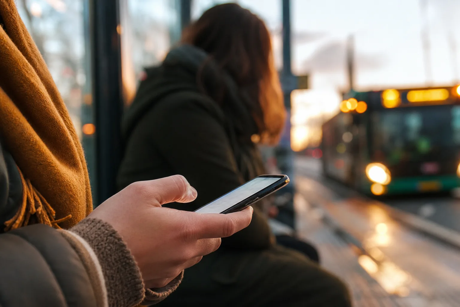 Persoon op een perron kijkt onderweg op zijn telefoon naar een binnenkomend sms-bericht