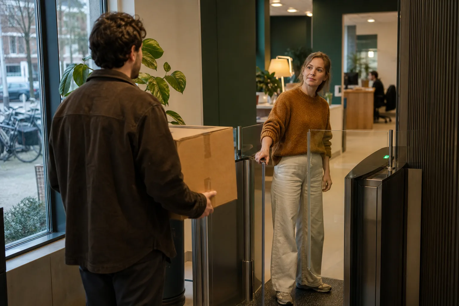 Receptiebalie van een kantoor waar een bezoeker in werkkleding met een klembord staat te wachten terwijl de receptioniste telefonisch iets verifieert