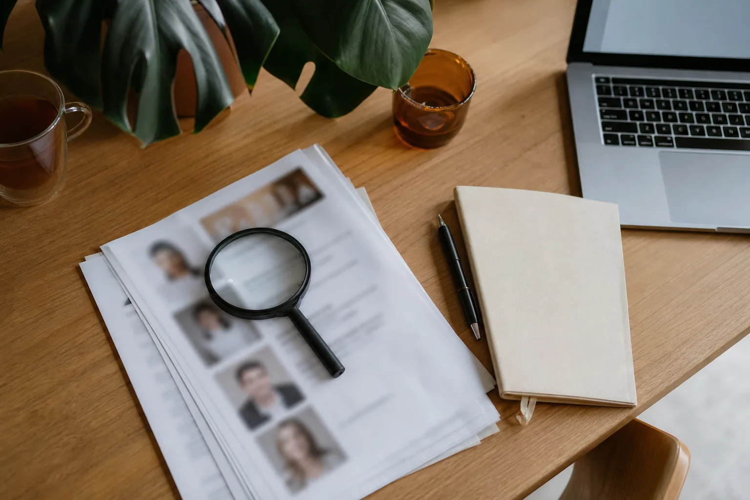 Bureau met laptop waarop een LinkedIn-profiel openstaat naast aantekeningen op papier