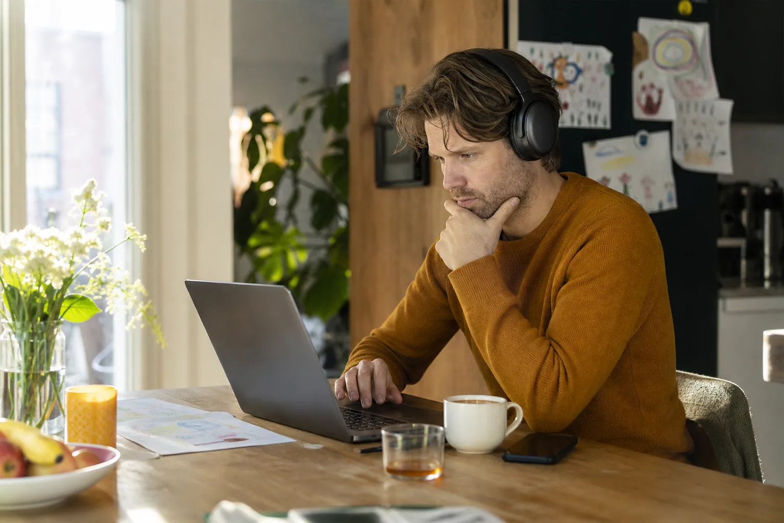 Werkplek aan een keukentafel met vergrendelde laptop, koffiekop en speelgoed op de achtergrond