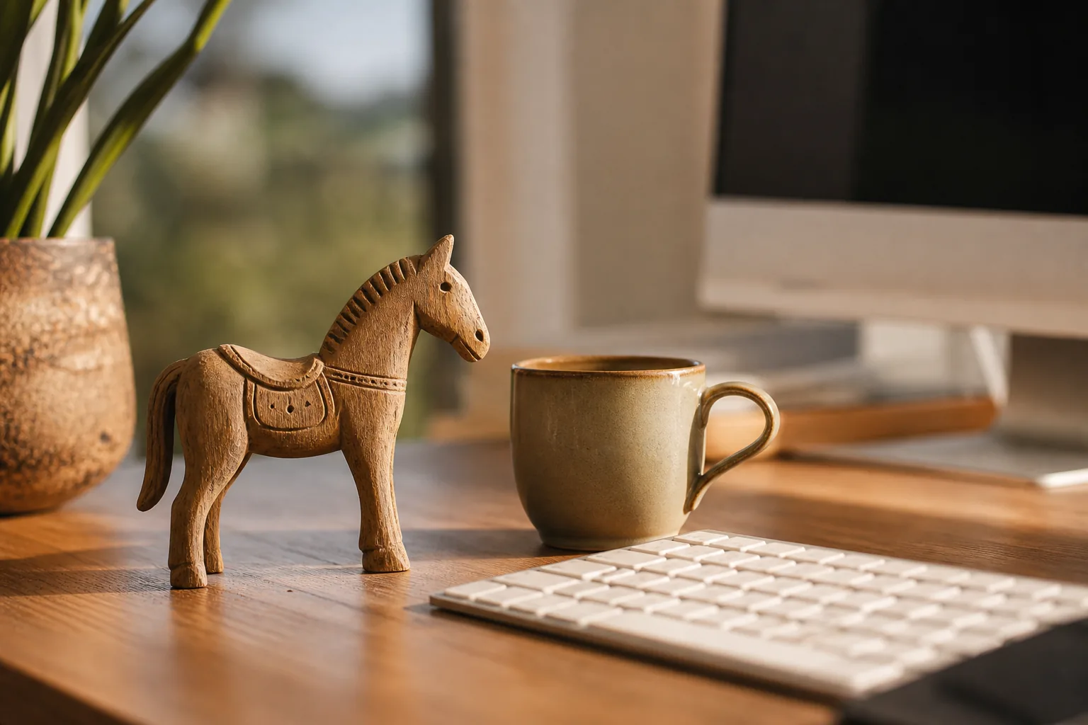 Houten speelgoedpaard op een bureau naast een laptop met een geopende e-mailbijlage