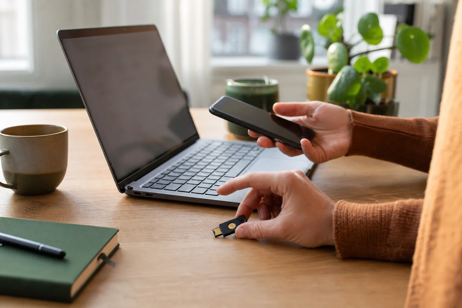 Telefoon met authenticator-app naast een laptop waarop een inlogscherm om een tweede factor vraagt