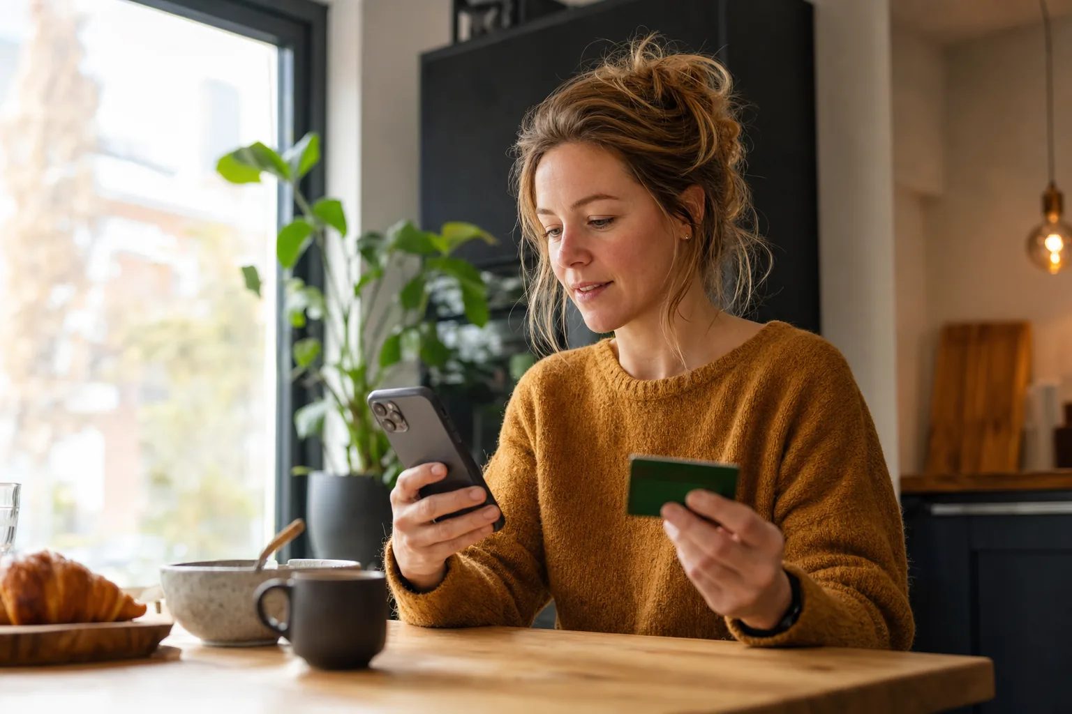 Smartphone met een bankapp naast een laptop waarop een verdachte e-mail openstaat