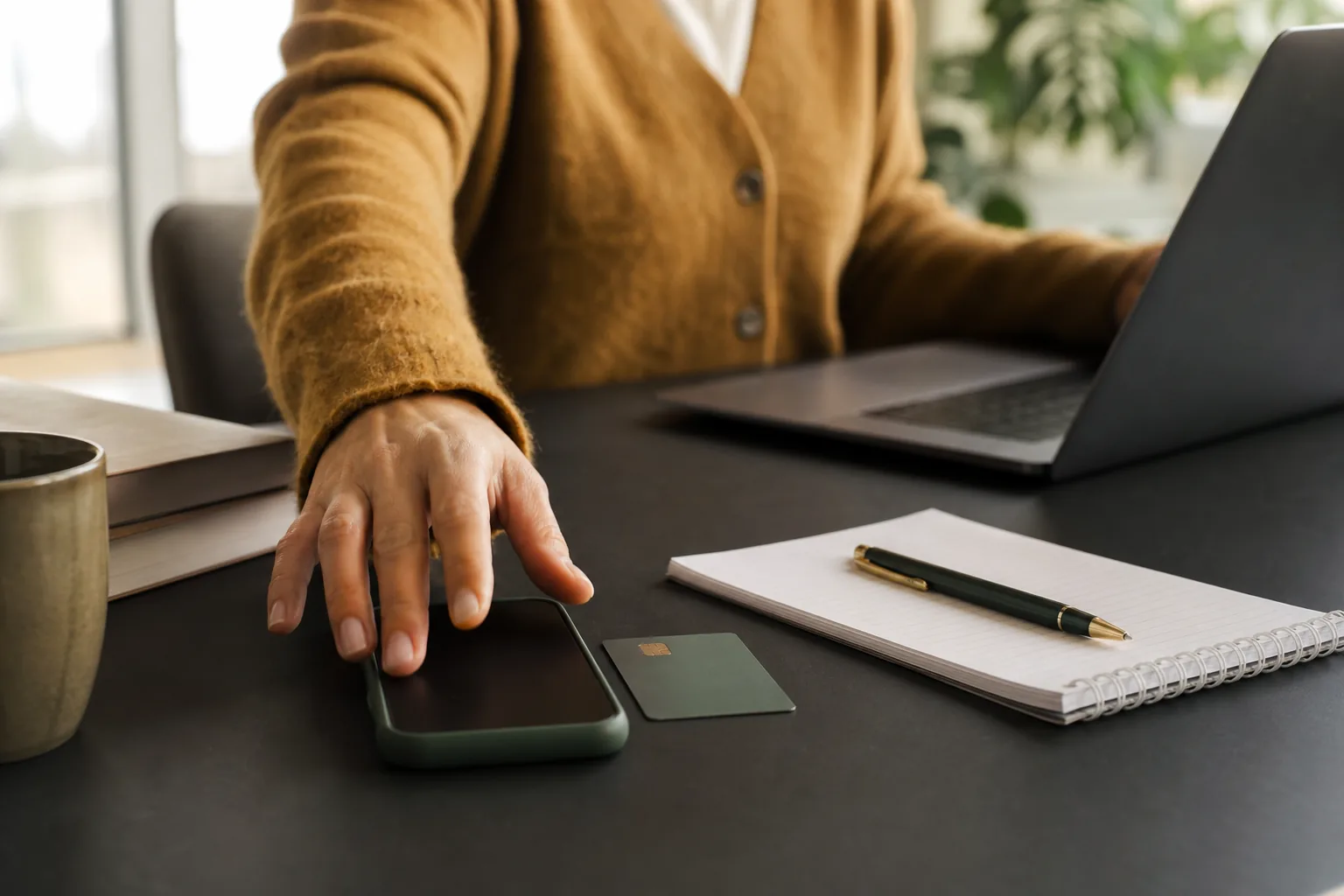Iemand aan een bureau kijkt twijfelend naar een rinkelende telefoon met een onbekend nummer op het scherm