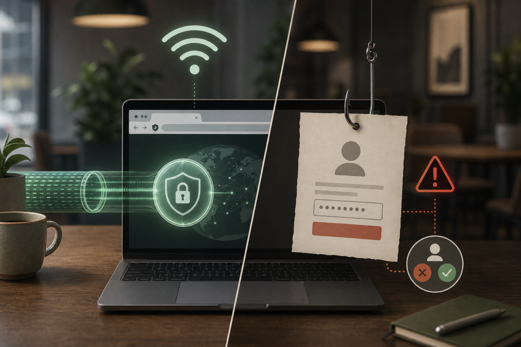 Laptop op openbare wifi met beveiligde browserverbinding en phishingformulier buiten die bescherming