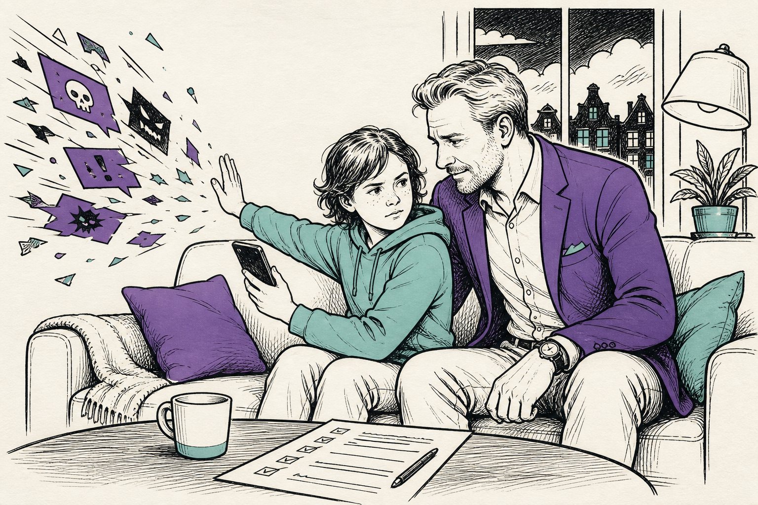 Ouder en kind van tien op de bank, het kind kantelt het telefoonscherm weg terwijl er een afsprakenkaart op tafel ligt