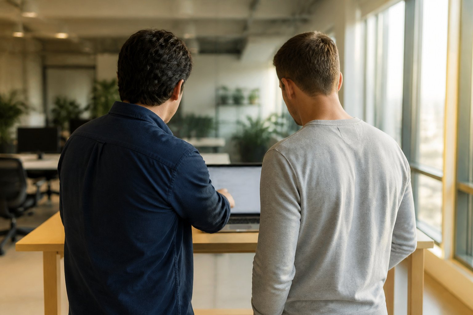 Twee collega's van achteren gezien die samen naar een open laptop op een sta-bureau kijken in een licht kantoor