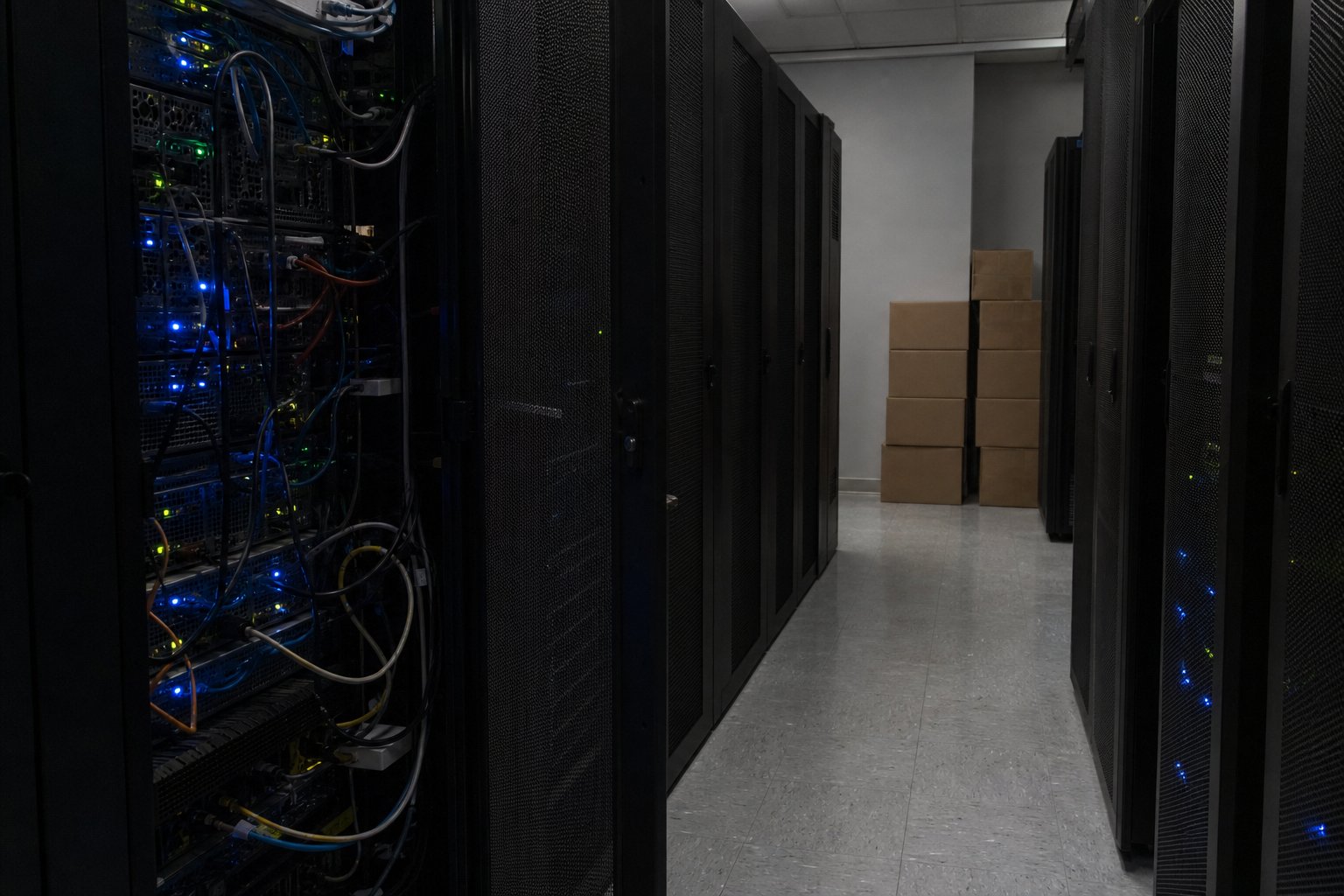 Gang tussen serverkasten in een ziekenhuis-serverruimte met een open rackdeur en blauwe statuslampjes