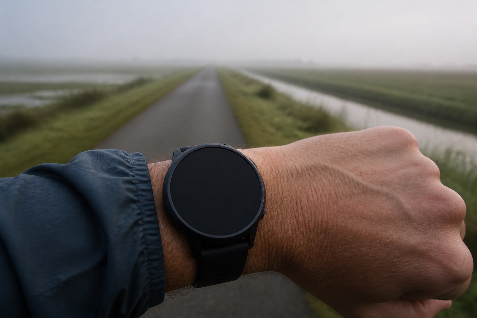 Close-up van een GPS-sporthorloge om een pols op een leeg fietspad door de polder in de mist