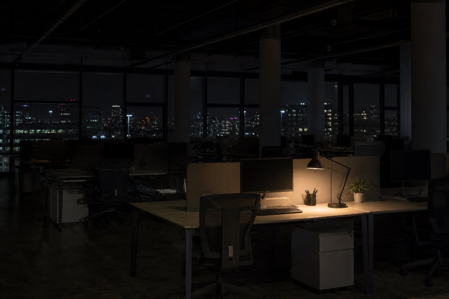 Verlaten kantoortuin bij nacht met een enkele brandende bureaulamp