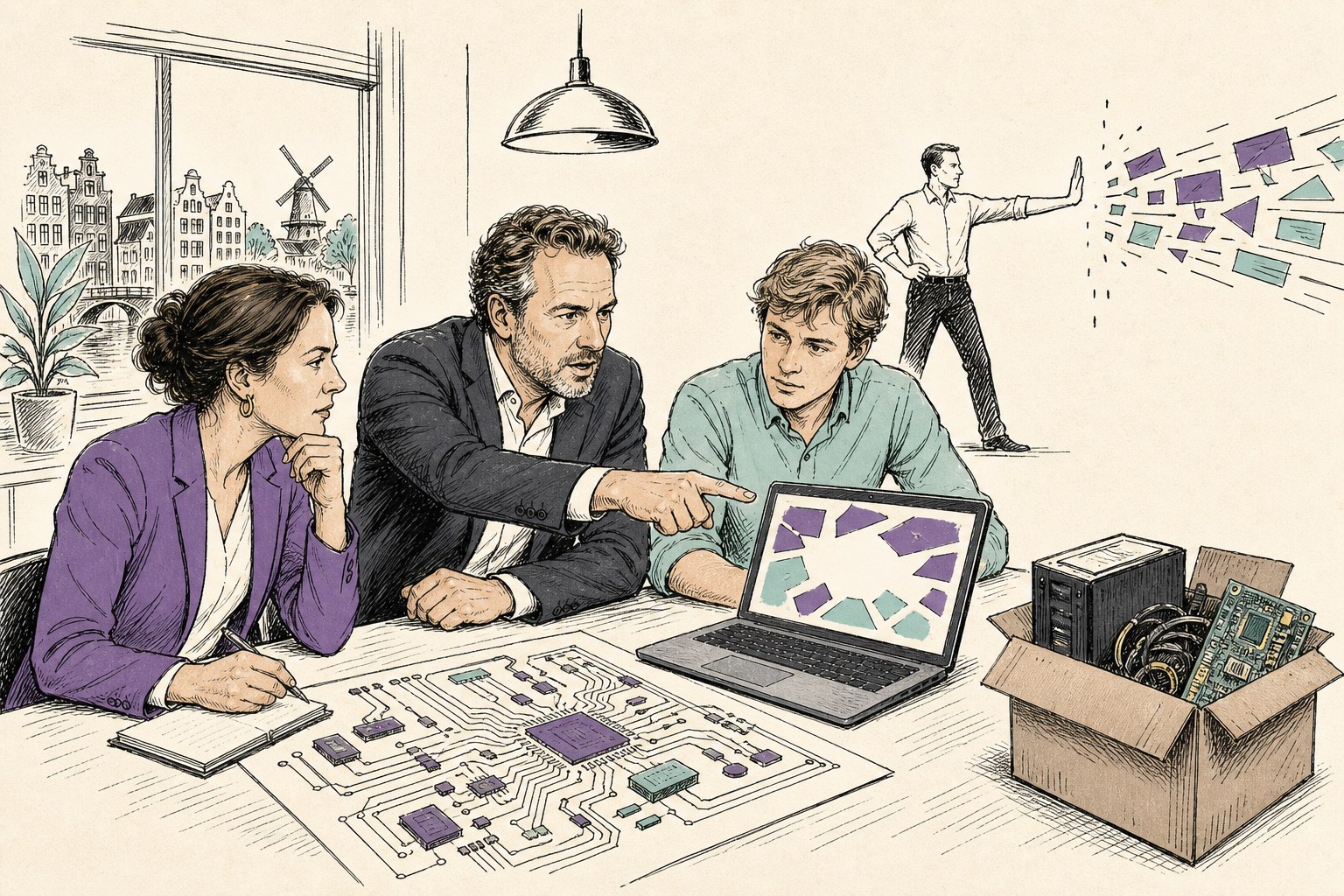 Twee juristen en een ingenieur bestuderen een laptop en een geprint schakelschema aan tafel