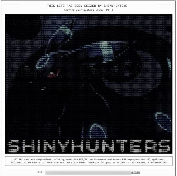 De bekladde FBI-sollicitatiesite: bovenaan 'This site has been seized by ShinyHunters', in het midden een Umbreon in ASCII-tekens, onderaan het woord ShinyHunters