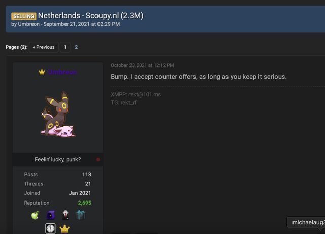 Schermafbeelding van RaidForums uit 2021: gebruiker Umbreon met een Pokémon-avatar biedt een Nederlandse database van 2,3 miljoen records te koop aan