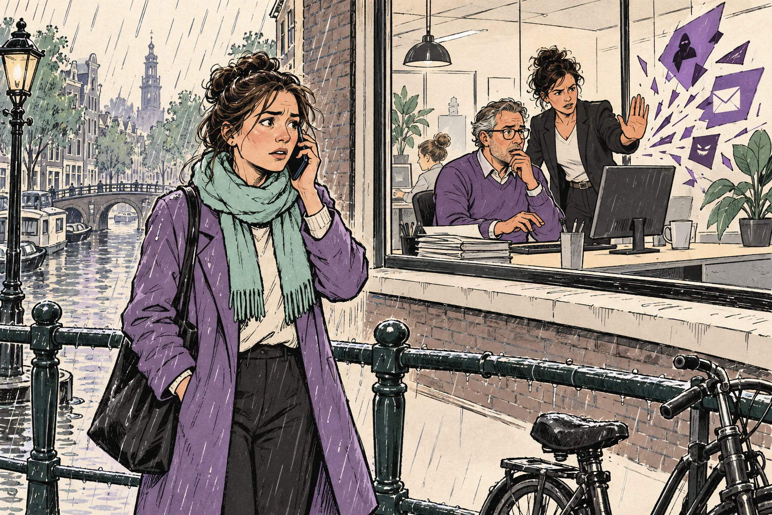 Illustratie van een medewerker die in de regen op een brug de helpdesk belt terwijl een collega achter de servicedesk twijfelt
