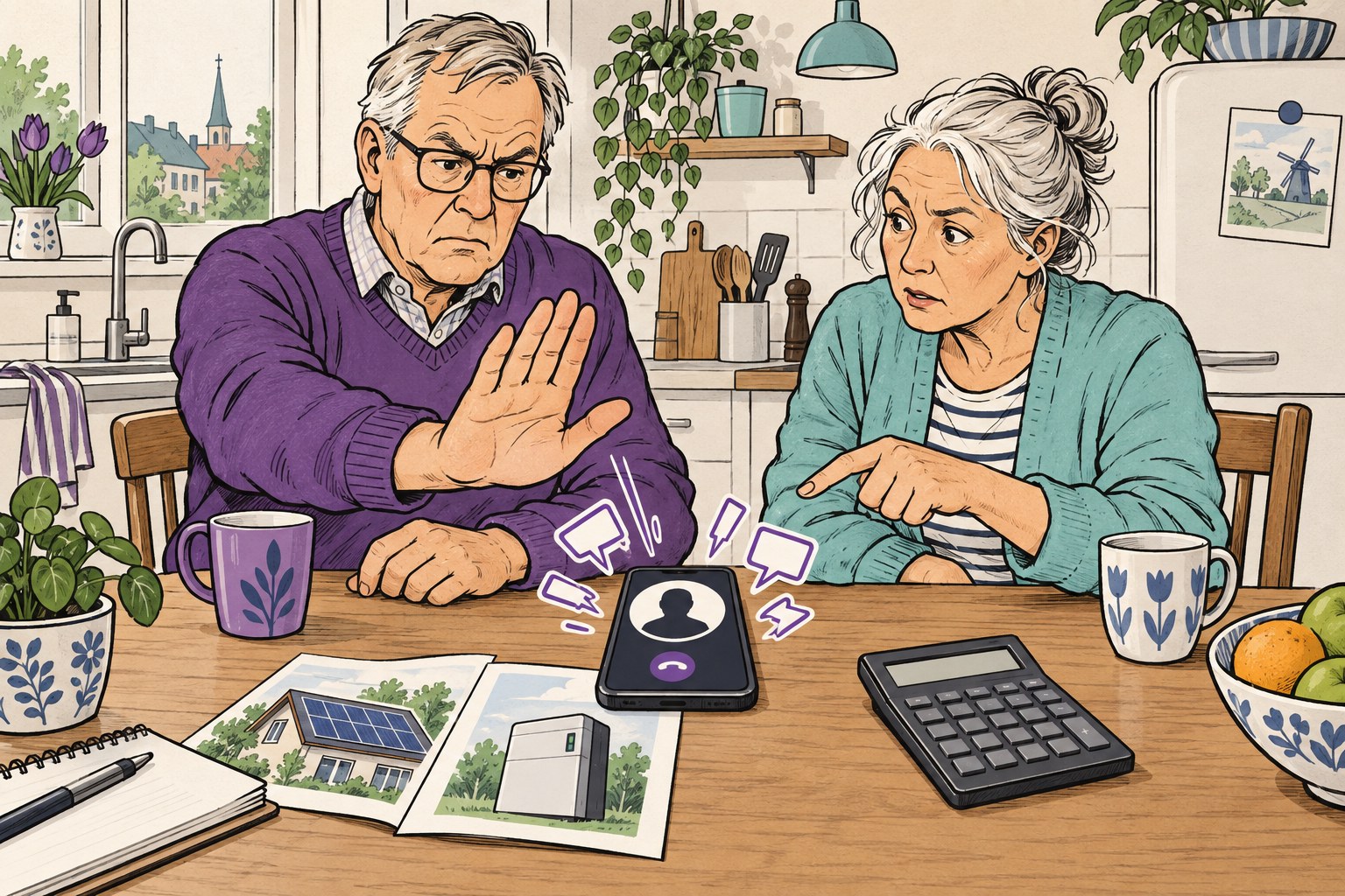 Ouder echtpaar aan de keukentafel houdt een verkoopgesprek over een thuisbatterij aan de telefoon tegen