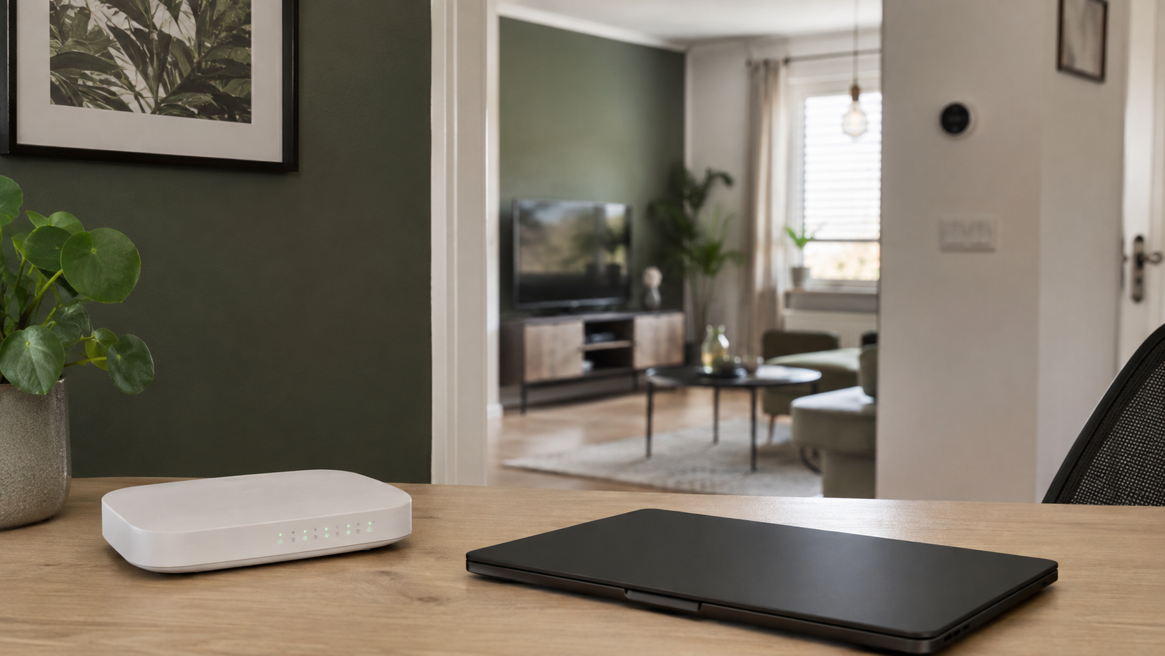 Router en gesloten werklaptop met een televisie in de aangrenzende woonkamer
