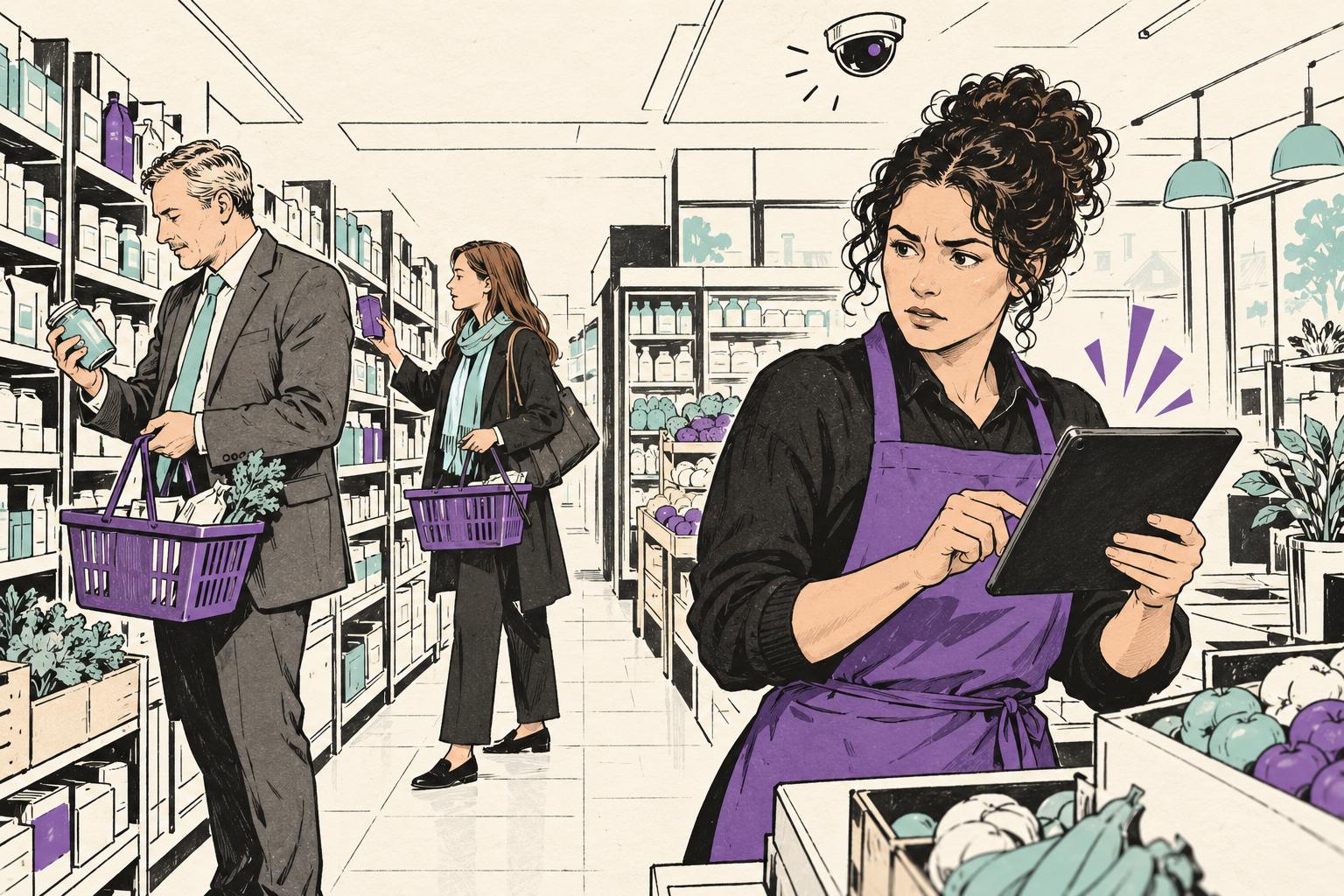 Illustratie van een supermarkt met een plafondcamera en een medewerker die een melding op een tablet bekijkt