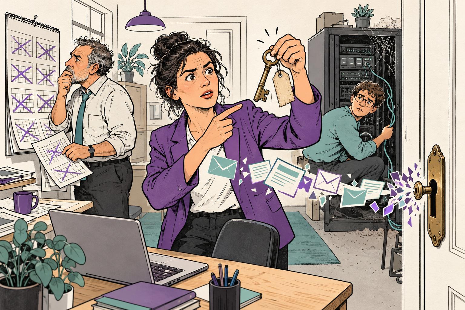 Illustratie van een beheerder die een oude sleutel omhooghoudt naast een kalender met doorgestreepte maanden en een vergeten serverkast.