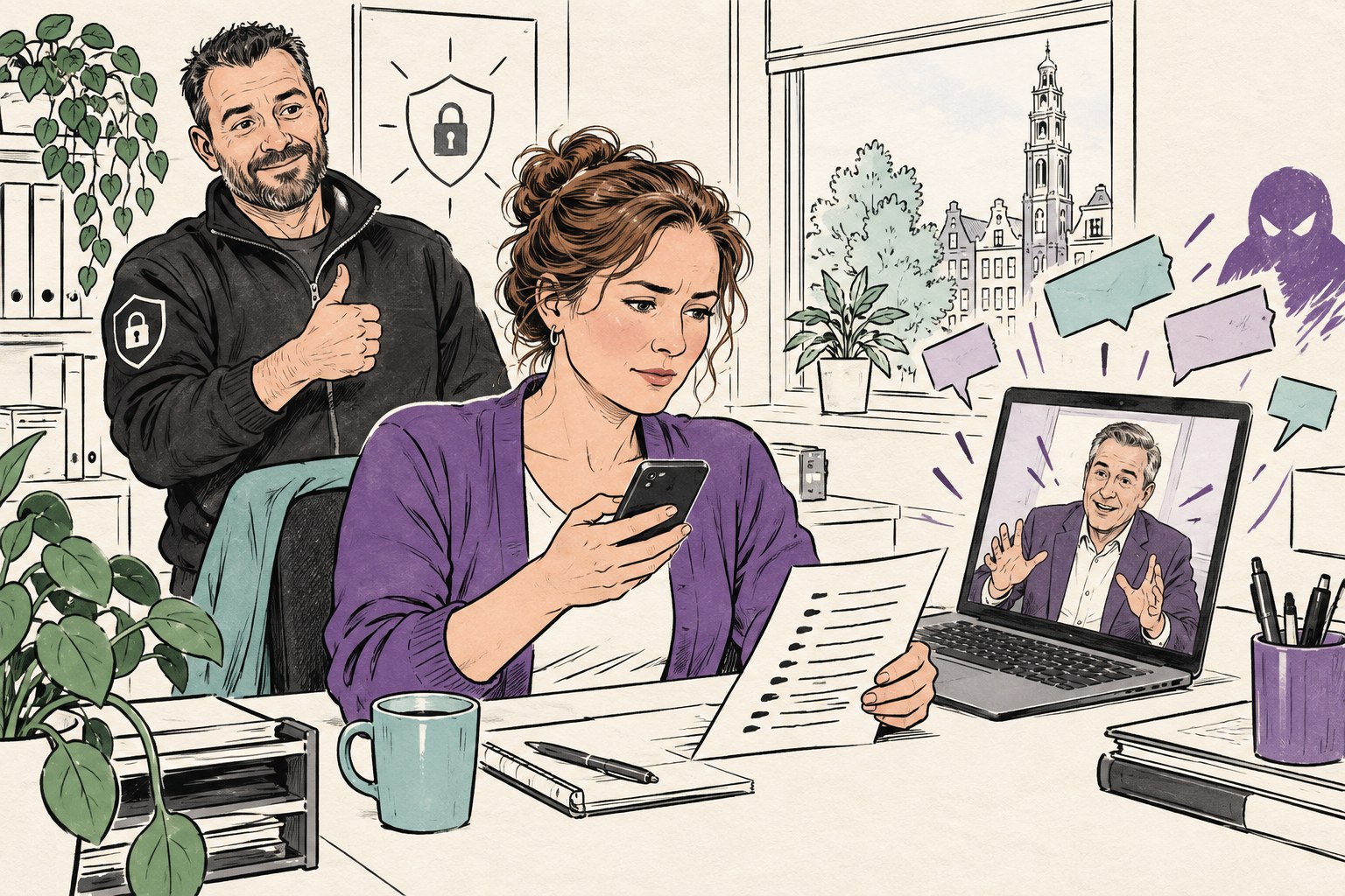 Illustratie: een medewerker van financiën zit in een videogesprek met een glimlachende manager op haar laptop en pakt haar telefoon om hem terug te bellen, een collega knikt goedkeurend