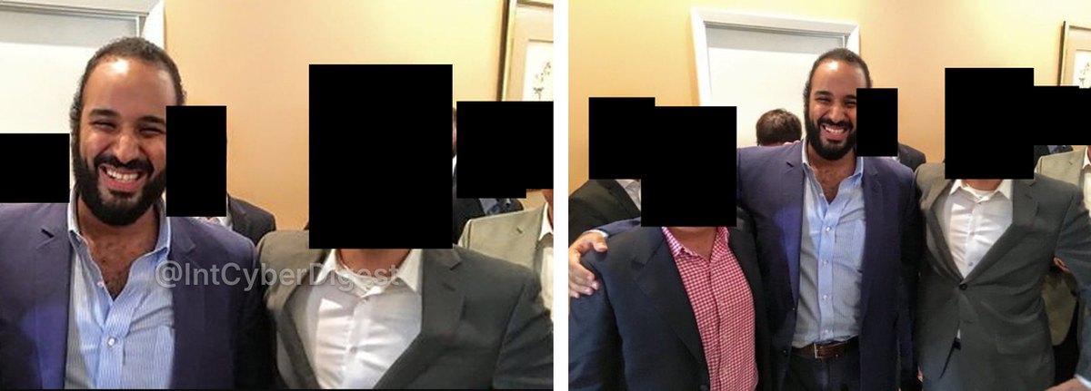 Twee versies van dezelfde foto naast elkaar. Links de uitsnede uit de post van International Cyber Digest: kroonprins Mohammed bin Salman lachend, rechts naast hem een jonge man in grijs colbert. Rechts een ruimere versie: de kroonprins midden in een groepje jonge mannen in pak. Alle gezichten behalve dat van de kroonprins zijn met zwarte vlakken afgedekt.