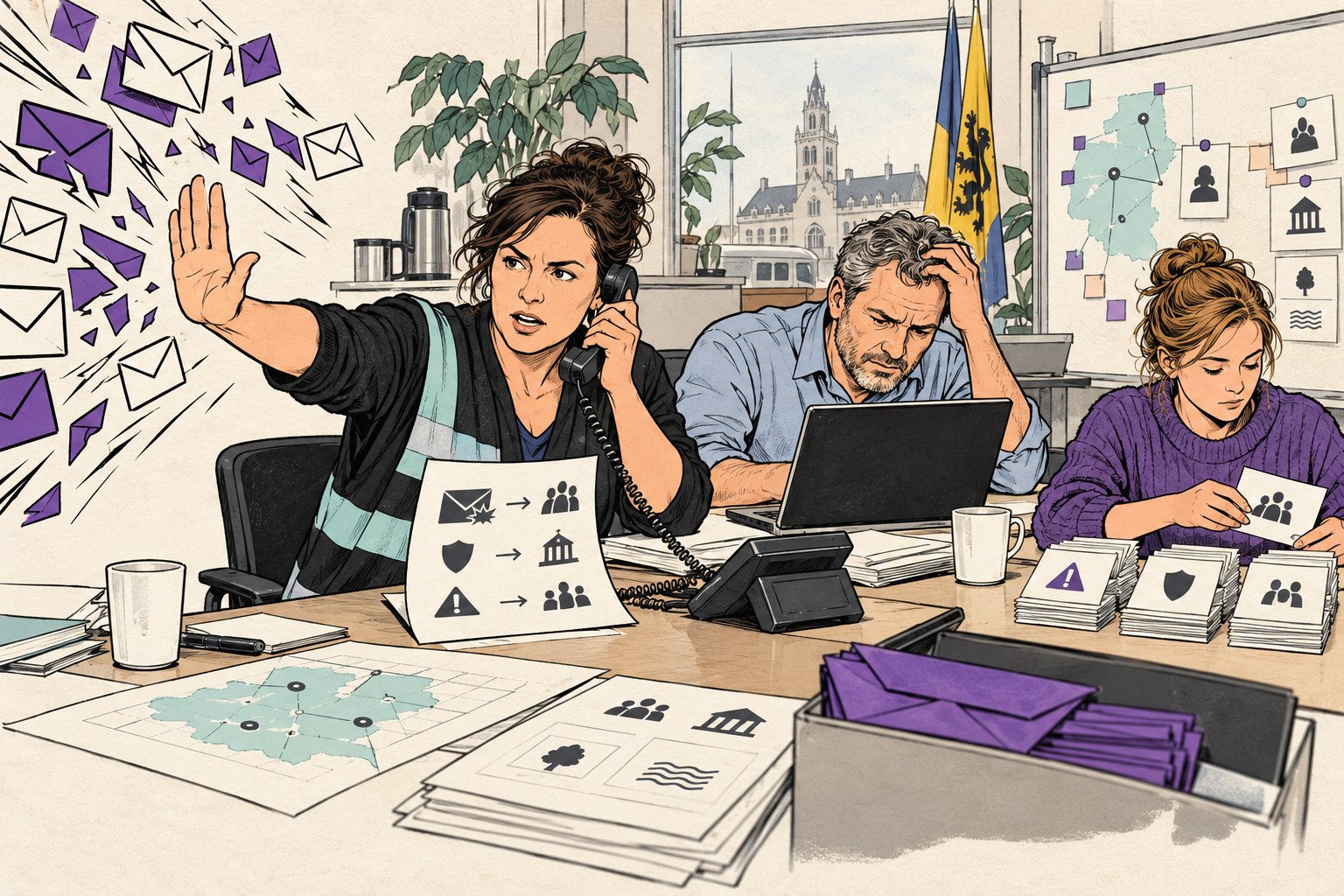 Illustratie van gemeentemedewerkers die een incidentproef met een offline contactlijst uitvoeren.