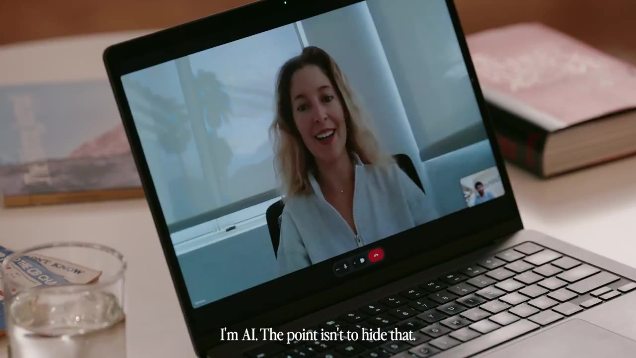 Laptop met een AI-persona in een videogesprek, ondertitel: I'm AI. The point isn't to hide that.
