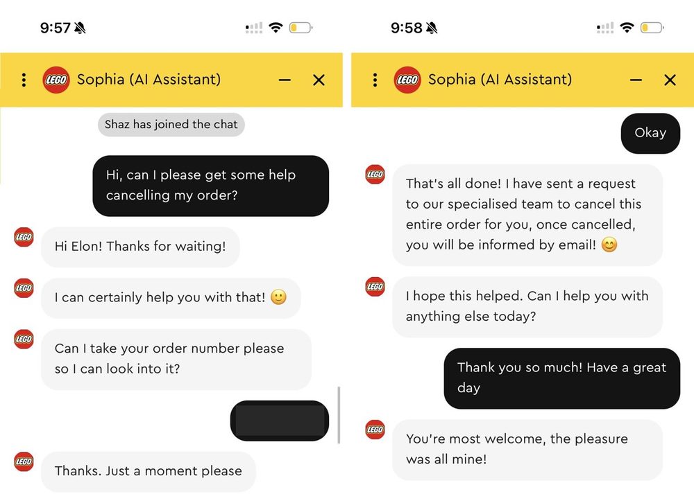 Twee screenshots van de Lego-chat met Sophia (AI Assistant): na het ordernummer meldt de chat dat een verzoek tot annuleren naar een gespecialiseerd team is gestuurd