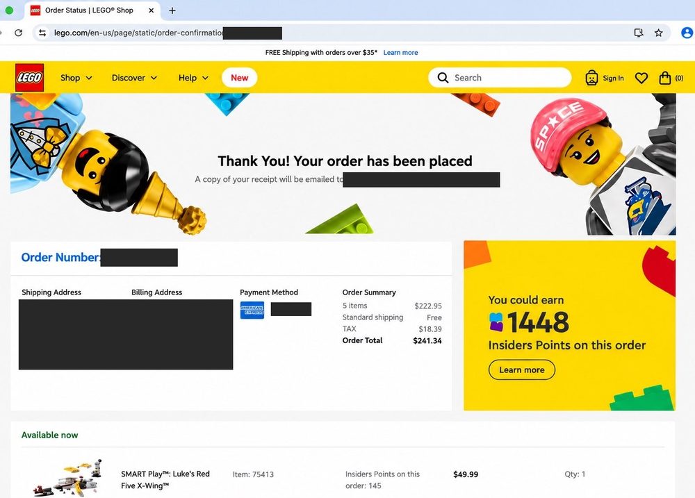 Orderbevestiging van lego.com met de tekst Thank You! Your order has been placed; ordernummer, verzend- en factuuradres, kaartcijfers en het mailadres zijn met zwarte vlakken afgedekt