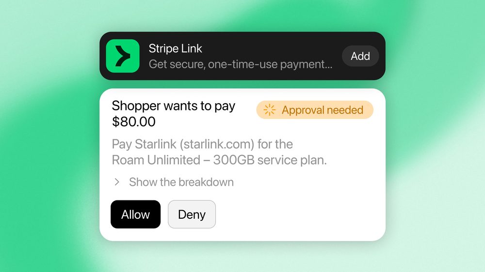 Goedkeuringsscherm van Stripe Link: Shopper wants to pay 80 dollar aan Starlink, met de knoppen Allow en Deny en het label Approval needed