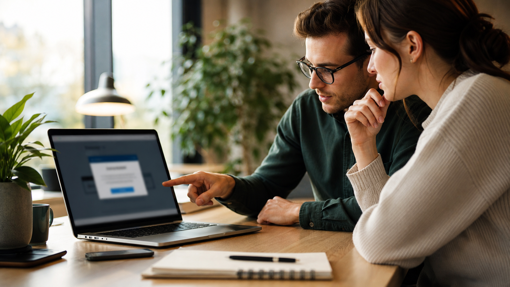 Een medewerker twijfelt bij een wazige softwaremelding op een laptop en vraagt een collega om mee te kijken